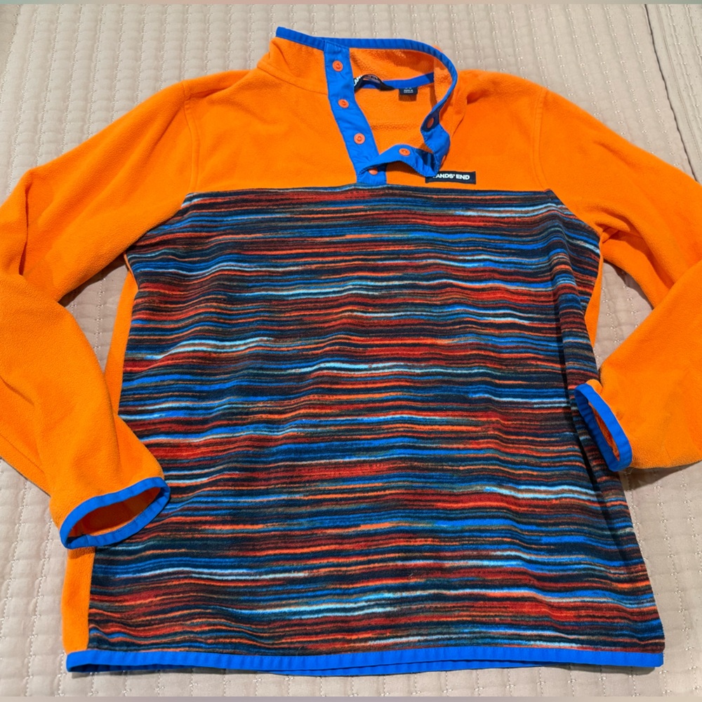 Lands' End Orange Fleece pullover with Blue Accents